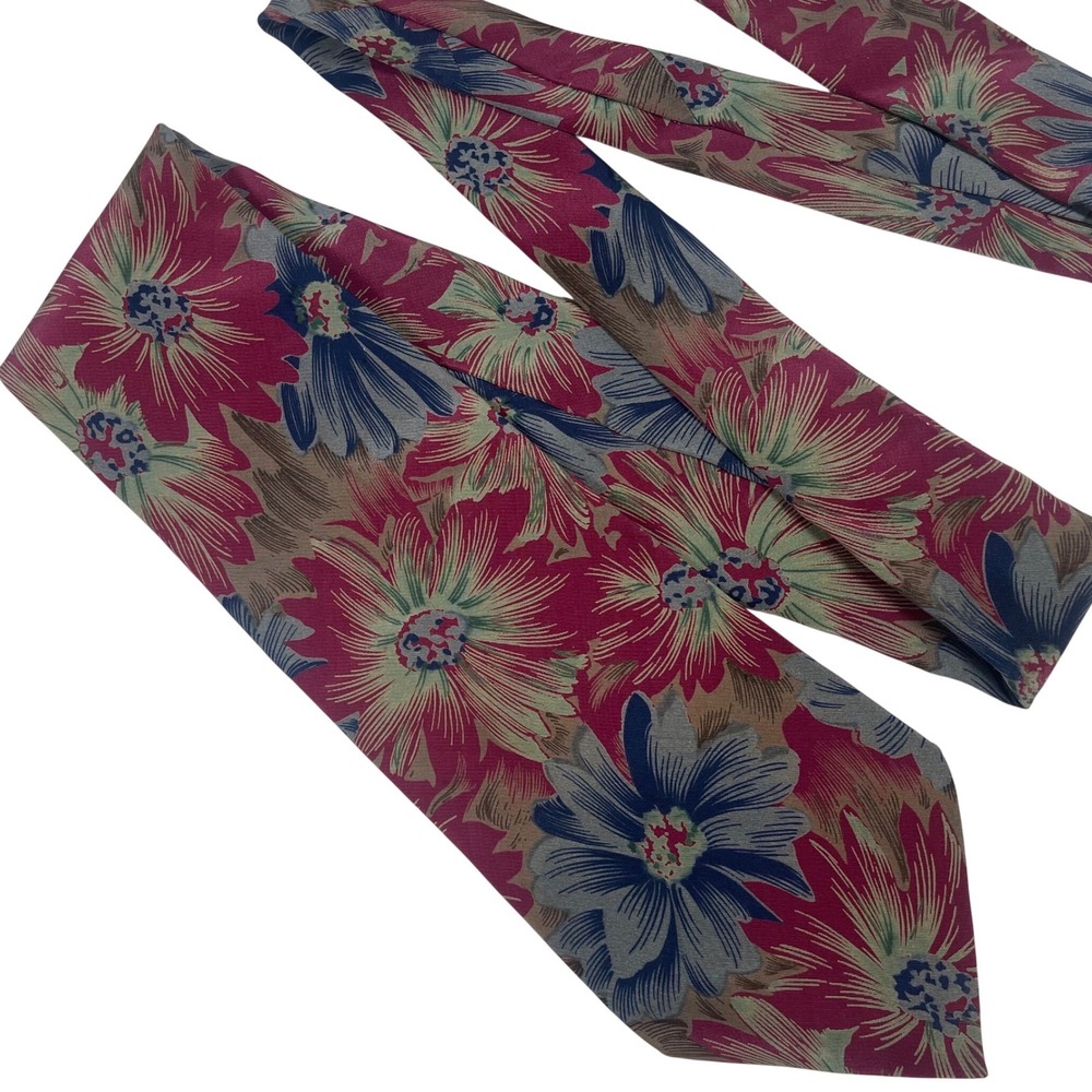 Vintage Andhurst Floral Silk Necktie Tie Burgundy Blue Handmade Botanical Print